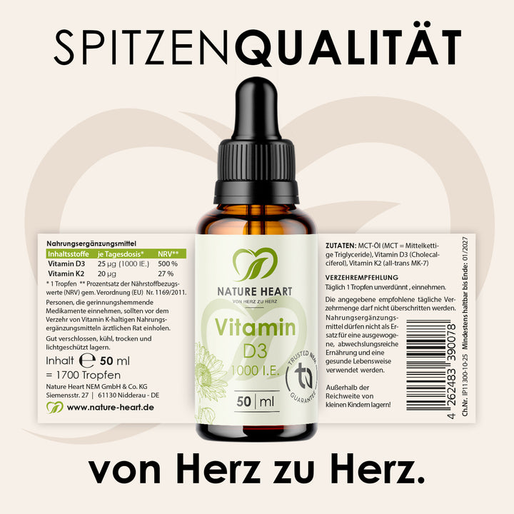 Vitamin D3 1000 I.E. Tropfen 50 ml mit ausgeklapptem Etikett mit Inhaltsstoffen und Verzehrempfehlung, Headline Spitzenqualität