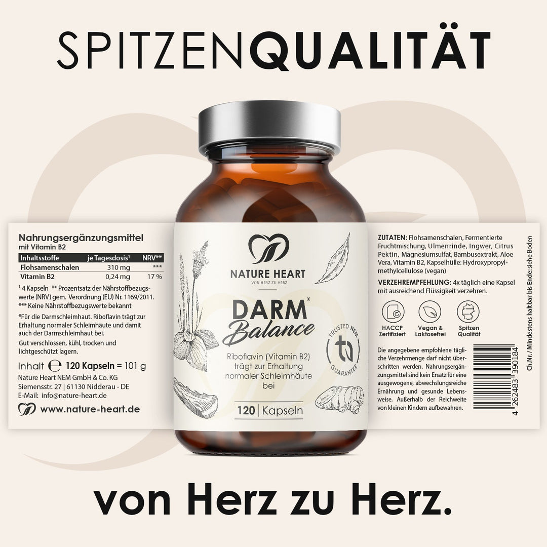 Darm Balance Dose mit 120 Kapseln und ausgeklapptem Etikett mit Inhaltsstoffen und Verzehrempfehlung, Headline Spitzenqualität