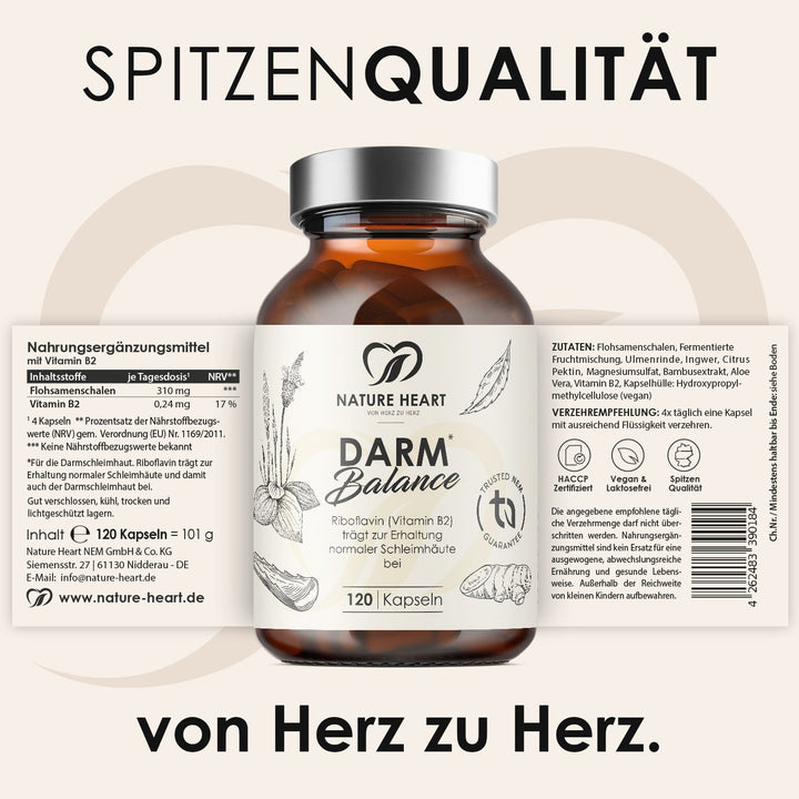 Darm Balance Dose mit 120 Kapseln und ausgeklapptem Etikett mit Inhaltsstoffen und Verzehrempfehlung, Headline Spitzenqualität