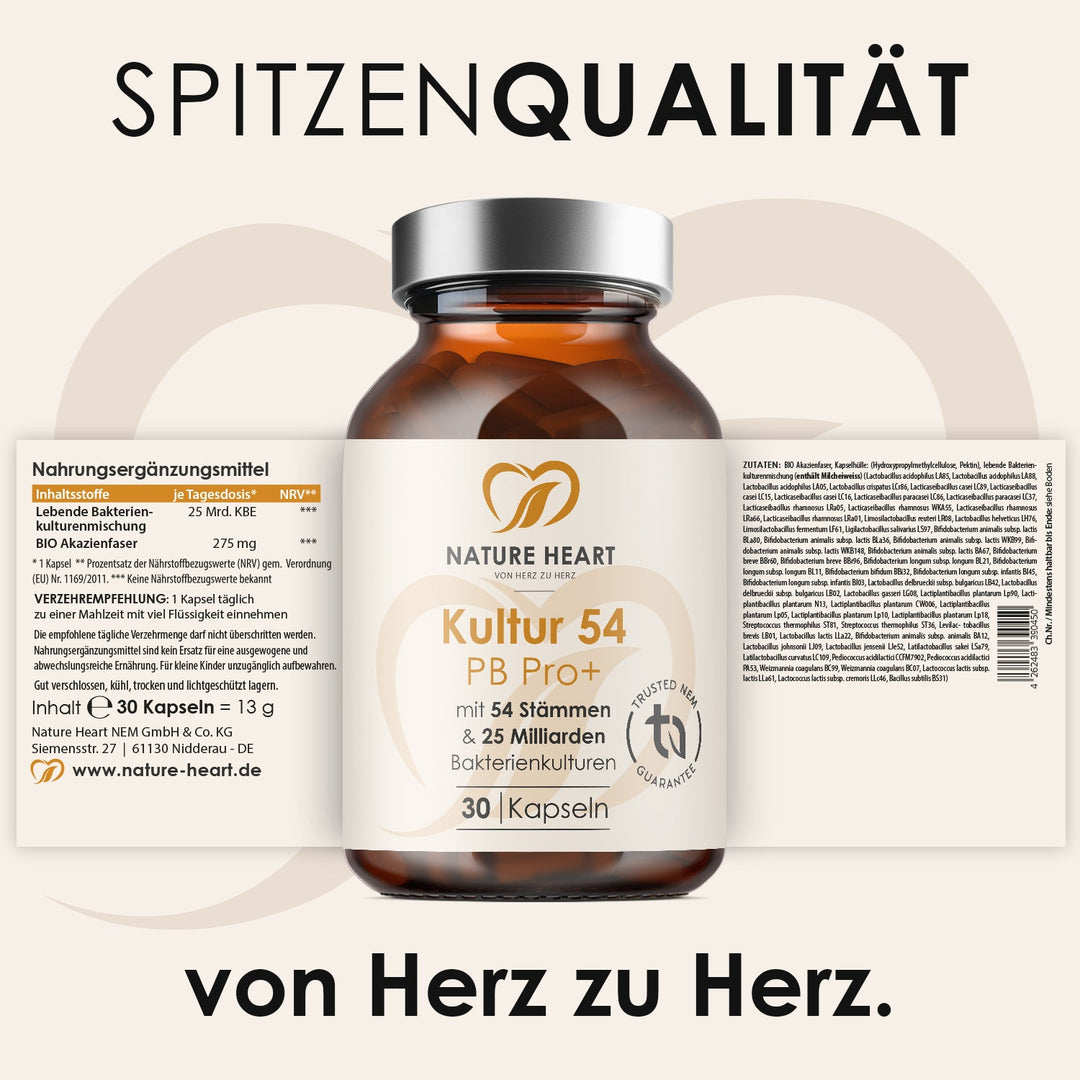Kultur 54 PB Pro+ Dose mit 30 Kapseln, 54 Stämmen und 25 Milliarden Bakterienkulturen, ausgeklapptes Etikett, Headline Spitzenqualität