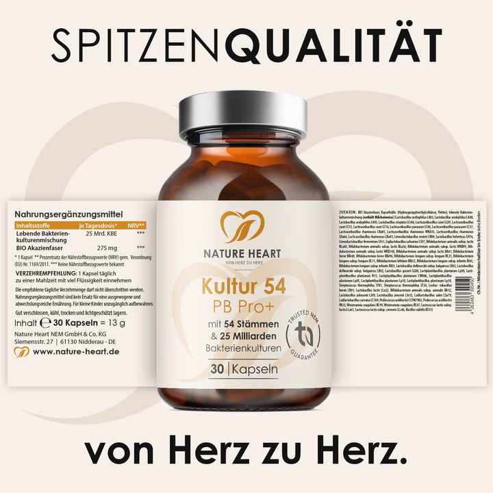 Kultur 54 PB Pro+ Dose mit 30 Kapseln, 54 Stämmen und 25 Milliarden Bakterienkulturen, ausgeklapptes Etikett, Headline Spitzenqualität