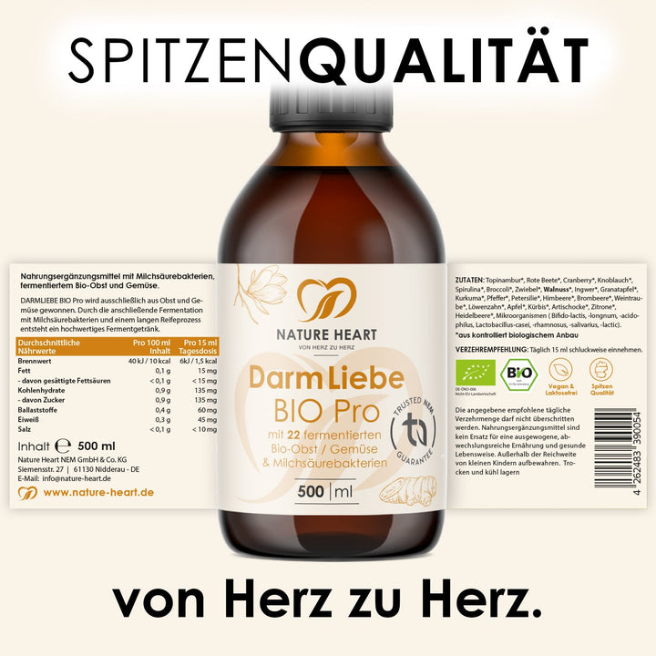 Darm Liebe BIO Pro 500 ml Flasche mit ausgeklapptem Etikett mit Nährwerten, Zutaten und Verzehrempfehlung, Headline Spitzenqualität