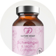 Ein Glasbehälter mit Nature Heart Schwanger & Mama Complete mit 60 Kapsein vor hellem, rundem Hintergrund, mit sichtbarem Trusted NEM-Siegel.