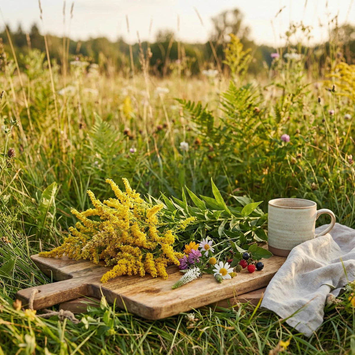 Echte Goldrute mit gelben Blüten auf einem Holzbrett in einer Sommerwiese, daneben Wildblumen, Beeren und eine Keramiktasse