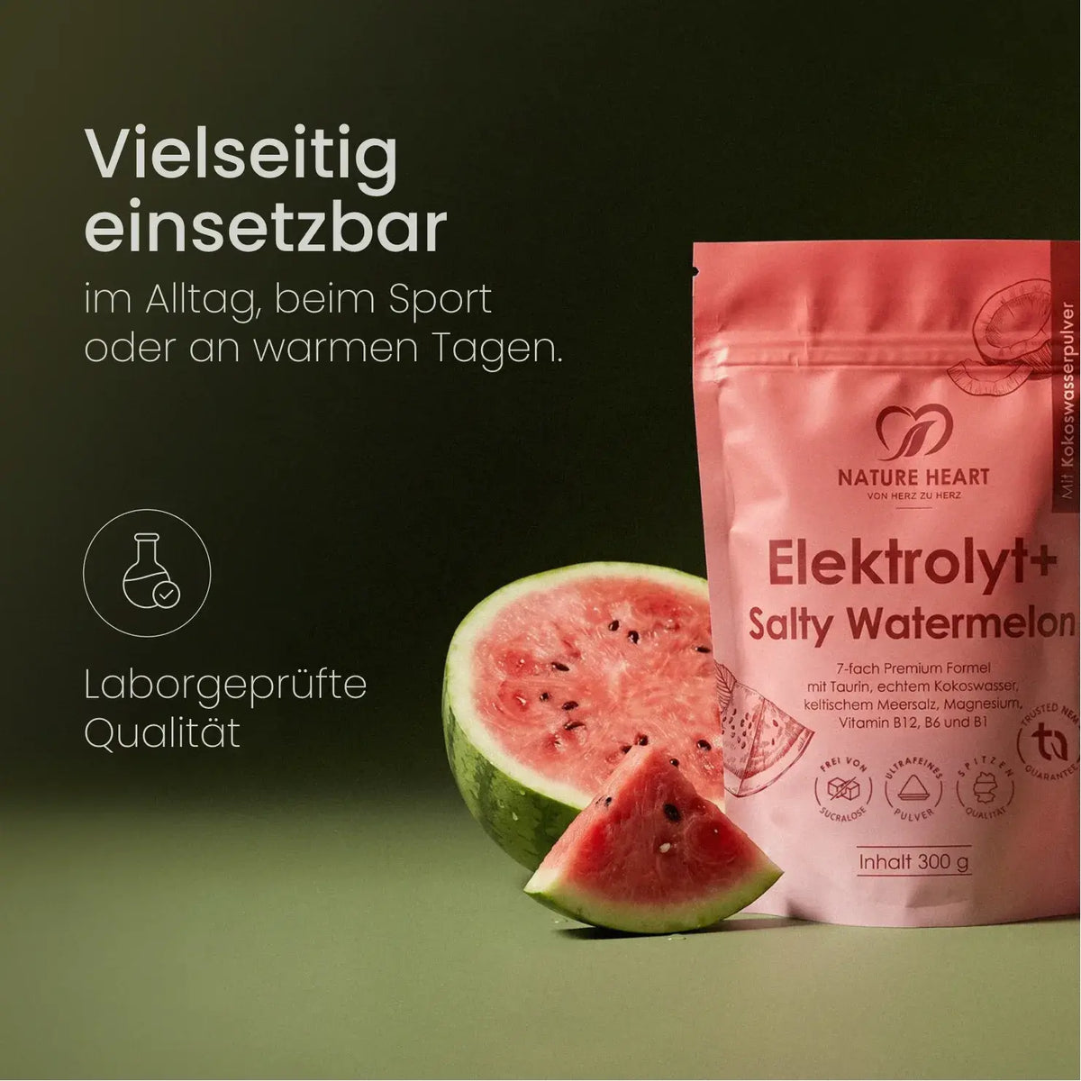 Elektrolyt+ Salty Watermelon im 300-g-Beutel neben Wassermelone: für Alltag, Sport oder warme Tage, laborgeprüft