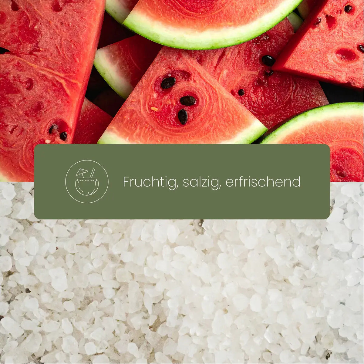 Wassermelonenstücke und grobes Meersalz als Geschmacksbild für Elektrolyt+ Salty Watermelon: fruchtig, salzig, erfrischend