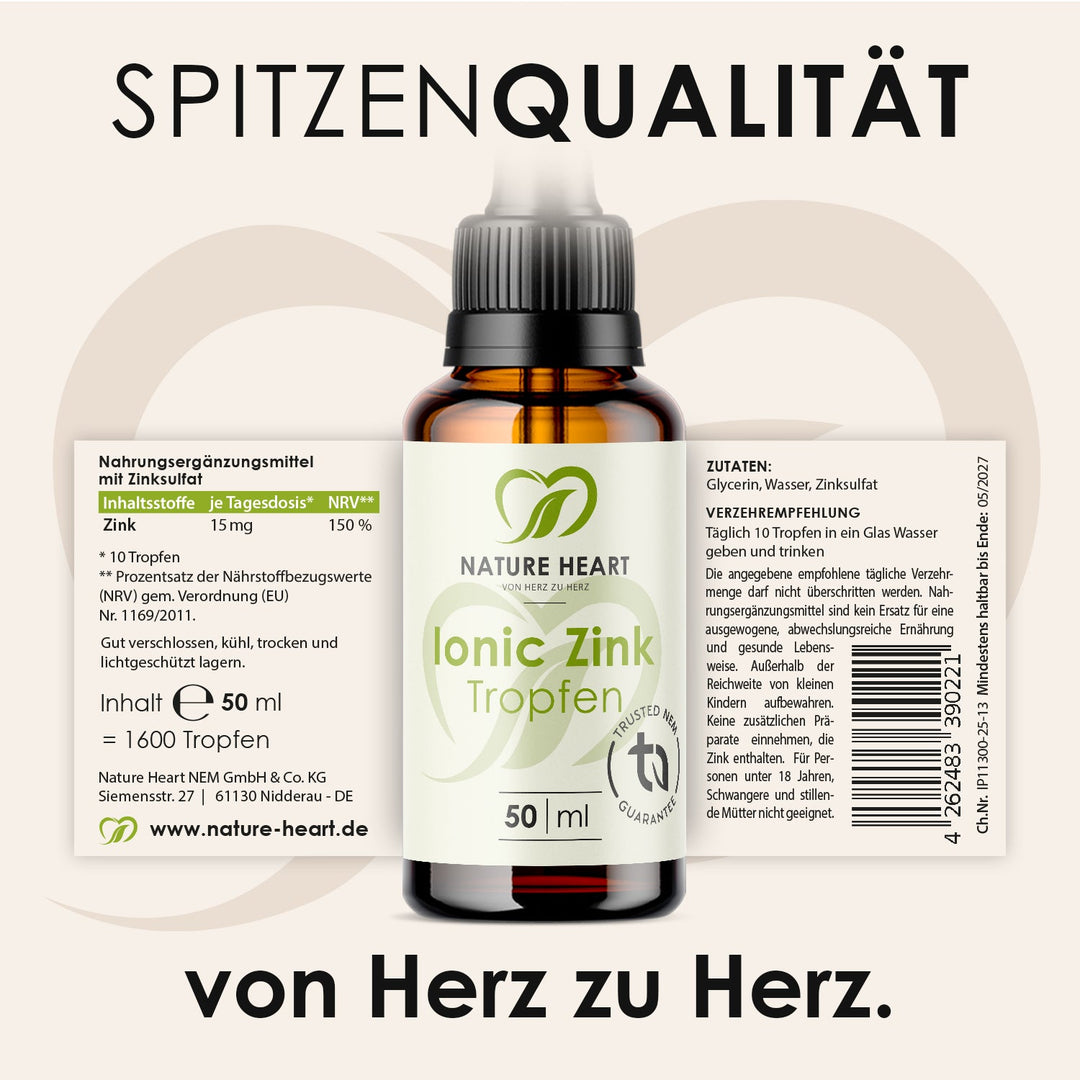 Ionic Zink Tropfen 50 ml mit ausgeklapptem Etikett mit Inhaltsstoffen und Verzehrempfehlung unter der Headline Spitzenqualität