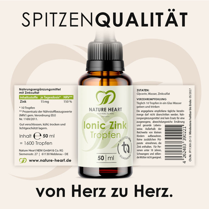 Ionic Zink Tropfen 50 ml mit ausgeklapptem Etikett mit Inhaltsstoffen und Verzehrempfehlung unter der Headline Spitzenqualität