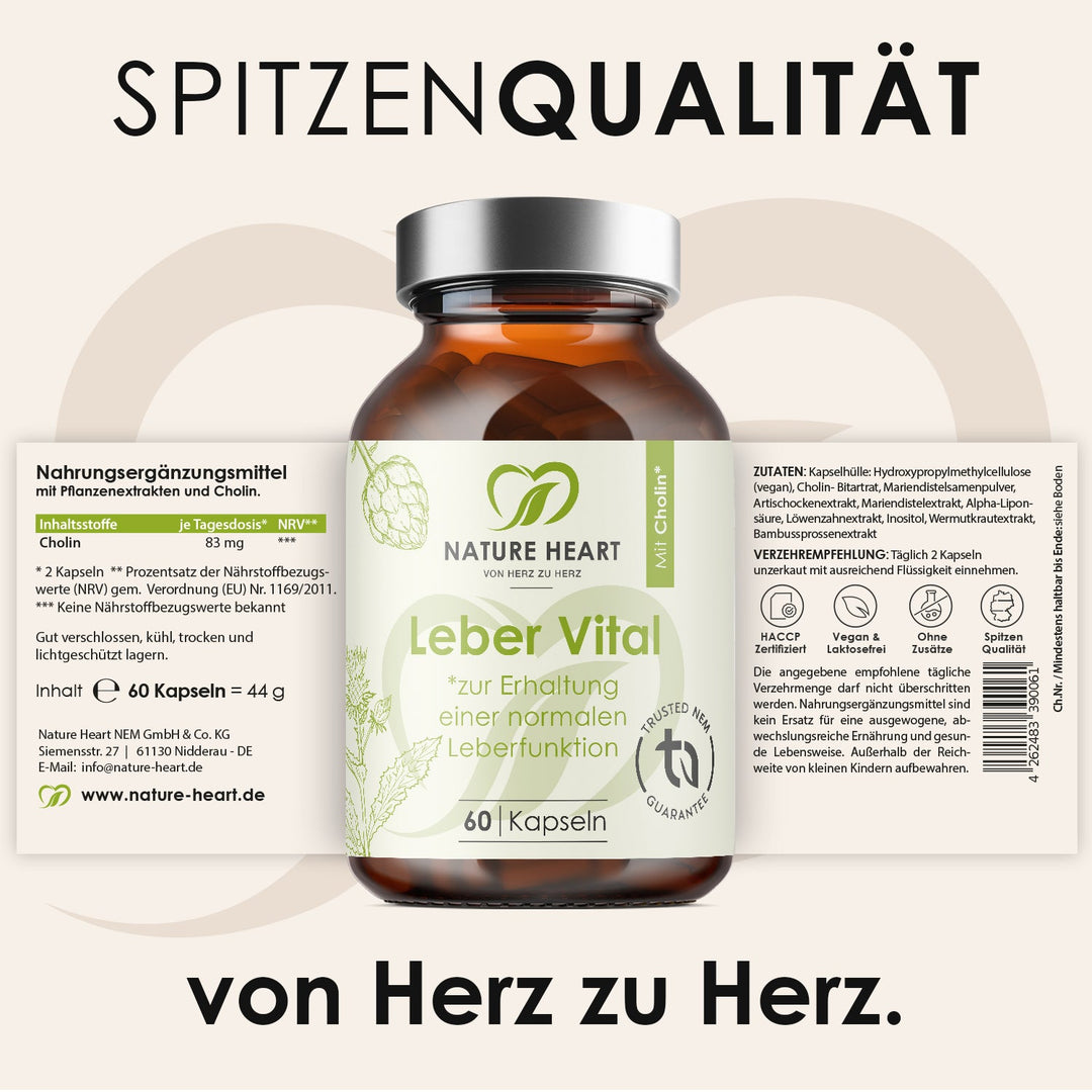 Leber Vital mit 60 Kapseln und ausgeklapptem Etikett mit Inhaltsstoffen und Verzehrempfehlung unter der Headline Spitzenqualität