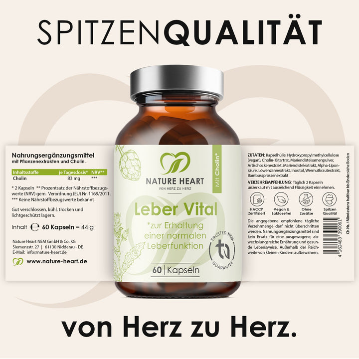 Leber Vital mit 60 Kapseln und ausgeklapptem Etikett mit Inhaltsstoffen und Verzehrempfehlung unter der Headline Spitzenqualität