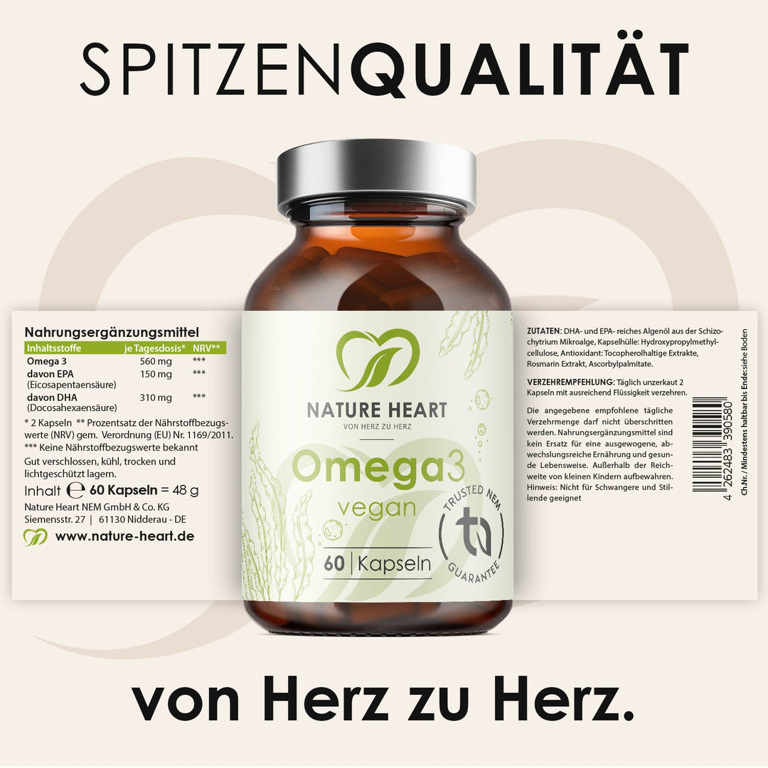 Omega 3 vegan mit 60 Kapseln und ausgeklapptem Etikett mit Inhaltsstoffen und Verzehrempfehlung unter der Headline Spitzenqualität