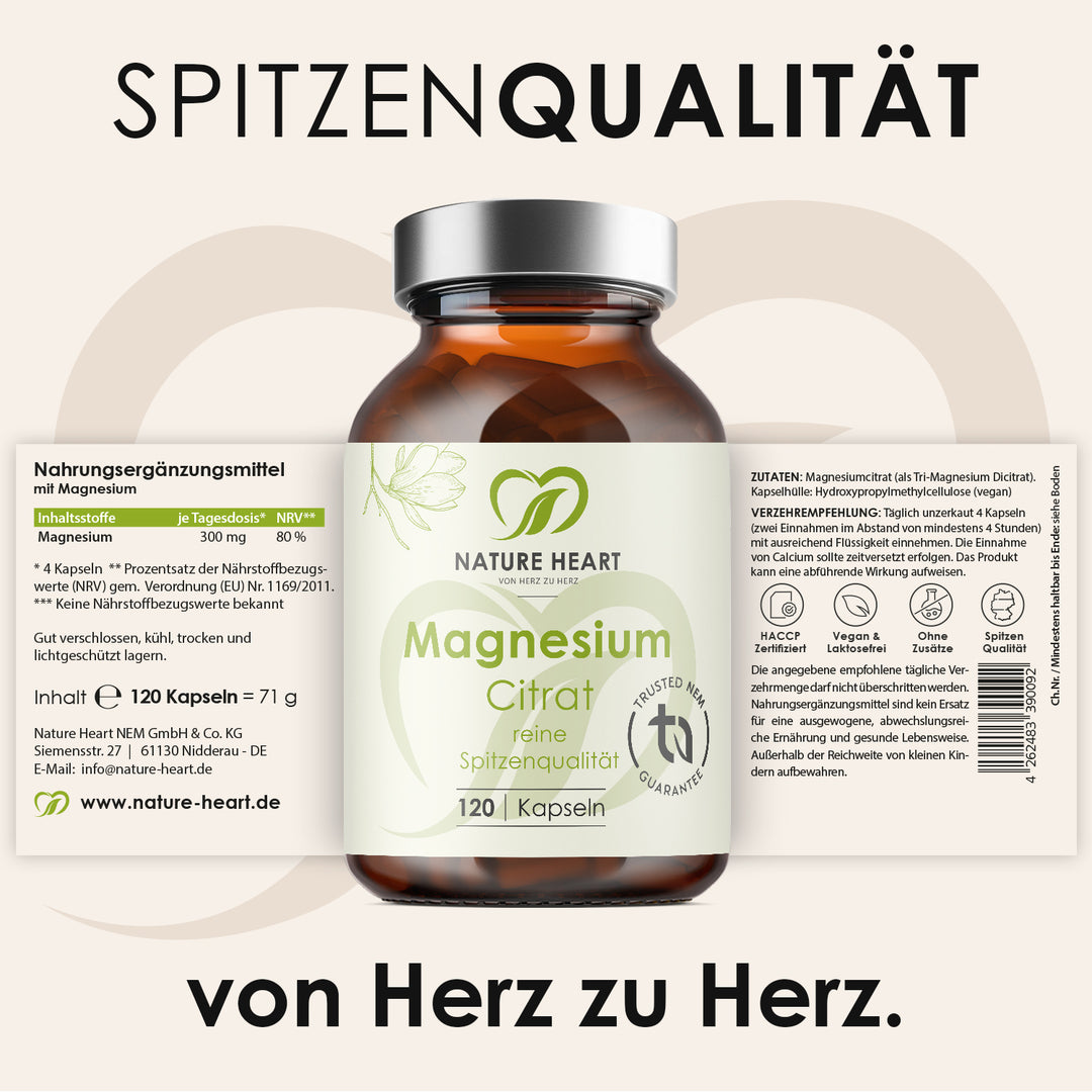 Magnesium Citrat mit 120 Kapseln und ausgeklapptem Etikett mit Inhaltsstoffen und Verzehrempfehlung unter der Headline Spitzenqualität