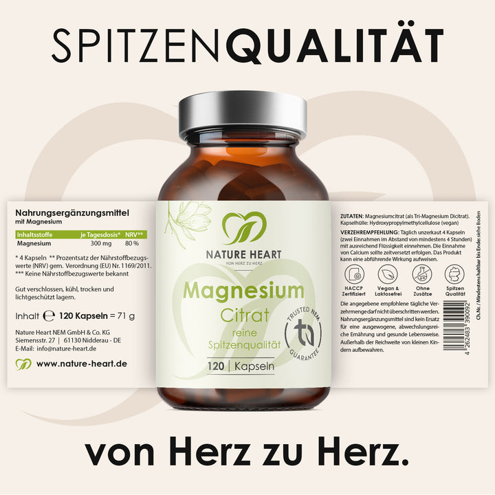 Magnesium Citrat mit 120 Kapseln und ausgeklapptem Etikett mit Inhaltsstoffen und Verzehrempfehlung unter der Headline Spitzenqualität