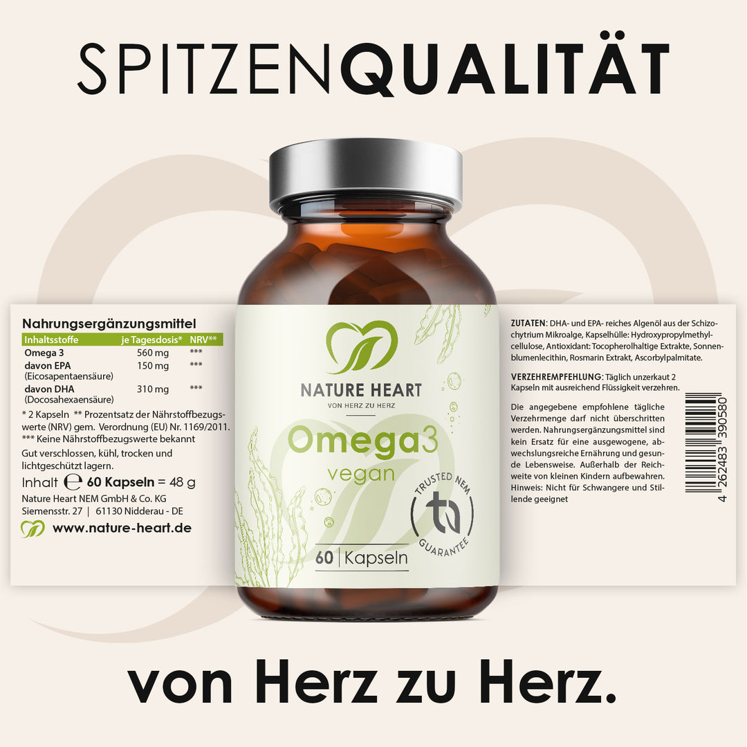 Omega 3 vegan mit 60 Kapseln und ausgeklapptem Etikett mit Inhaltsstoffen und Verzehrempfehlung unter der Headline Spitzenqualität