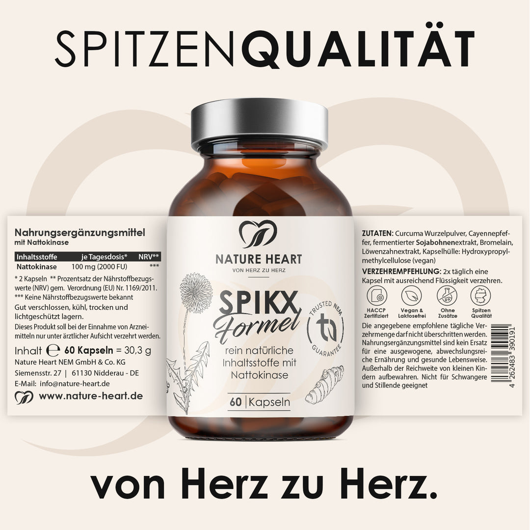 SPIKX Formel mit Nattokinase, 60 Kapseln, und ausgeklapptem Etikett mit Inhaltsstoffen und Verzehrempfehlung unter der Headline Spitzenqualität