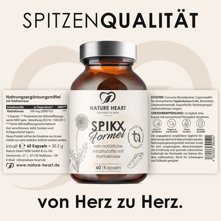 SPIKX Formel mit Nattokinase, 60 Kapseln, und ausgeklapptem Etikett mit Inhaltsstoffen und Verzehrempfehlung unter der Headline Spitzenqualität