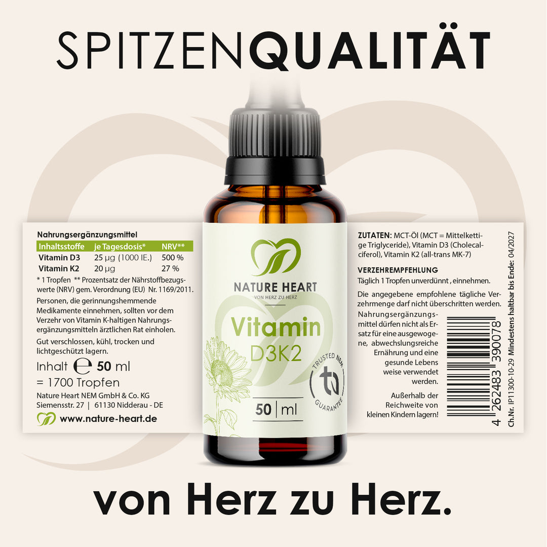 Vitamin D3+K2 Tropfen 50 ml mit ausgeklapptem Etikett mit Inhaltsstoffen und Verzehrempfehlung unter der Headline Spitzenqualität