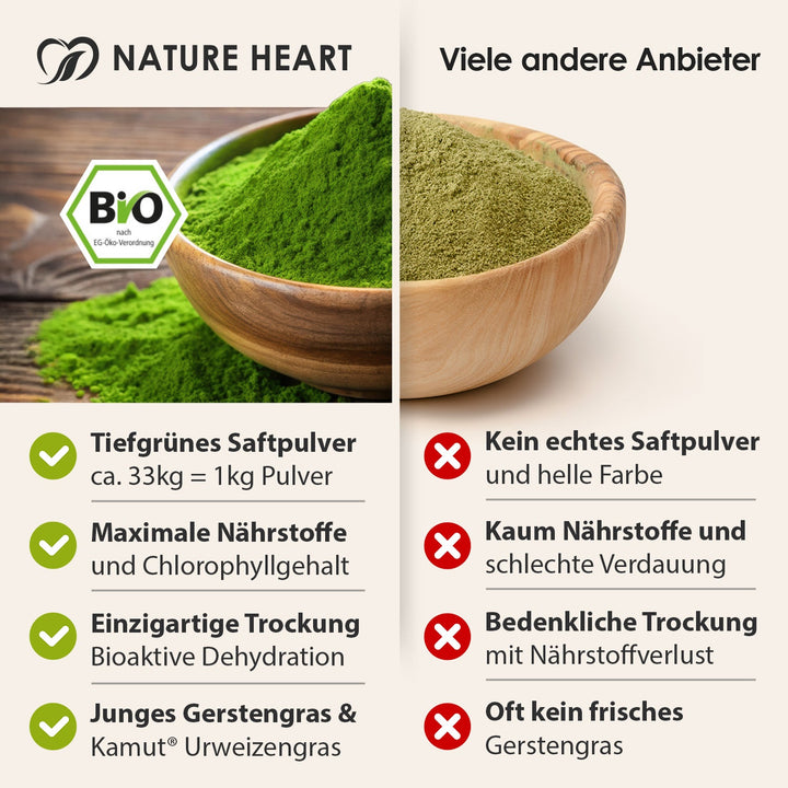 Nature Heart Vergleich zum BIO Basisches Grünes Leben: tiefgrünes Gerstengrassaft Pulver in Holzschale neben hellerem Pulver anderer Anbieter