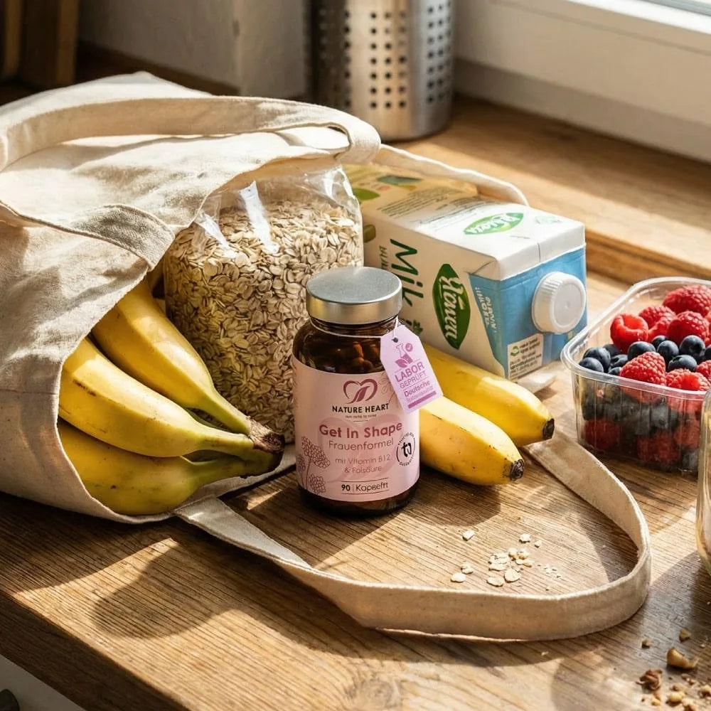 Get In Shape Frauenformel mit Vitamin B12 & Folsäure zwischen Haferflocken, Bananen, Pflanzendrink und Beeren