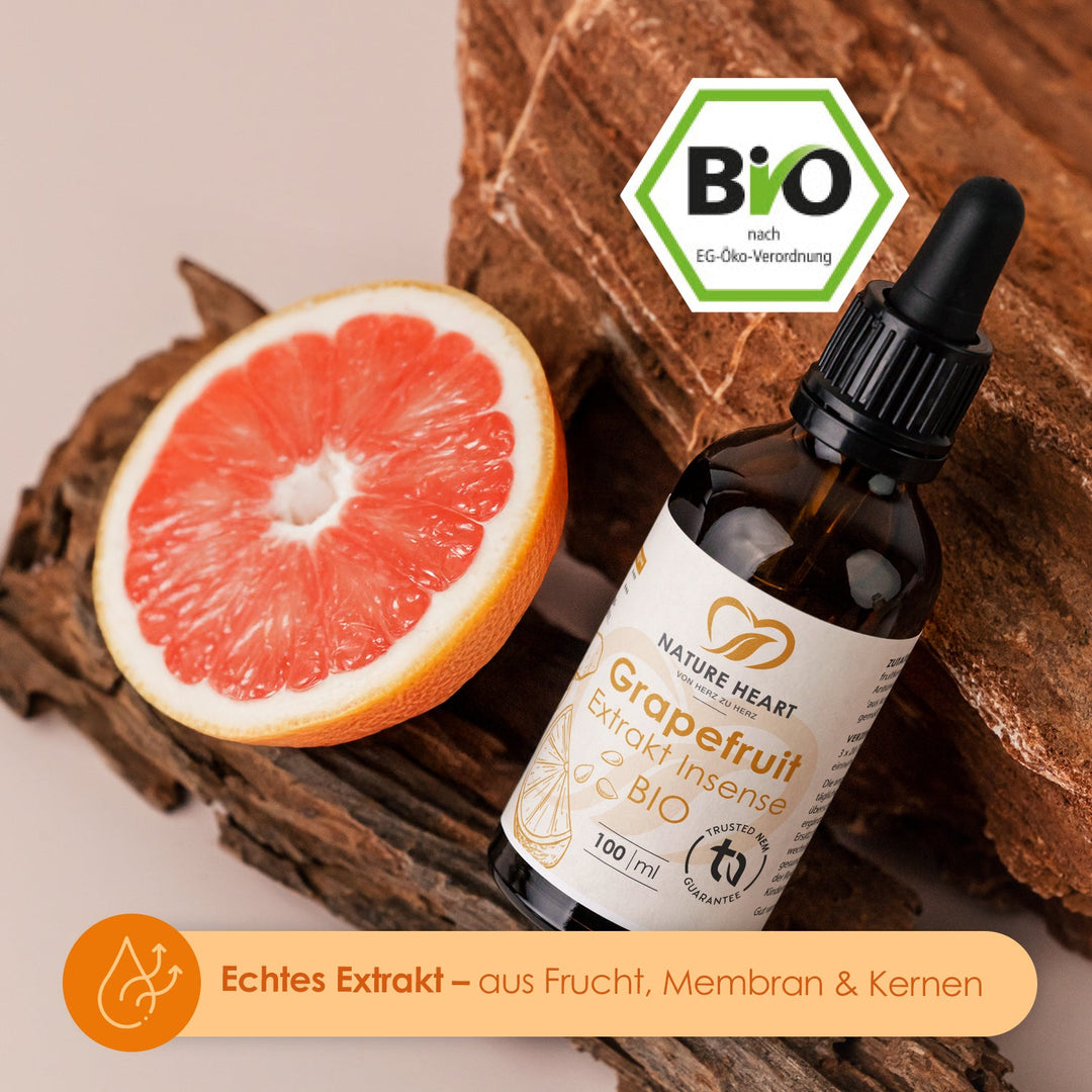 Grapefruit Extrakt Insense BIO mit Grapefruit auf Holz, Bio-Siegel und Hinweis echtes Extrakt aus Frucht, Membran und Kernen