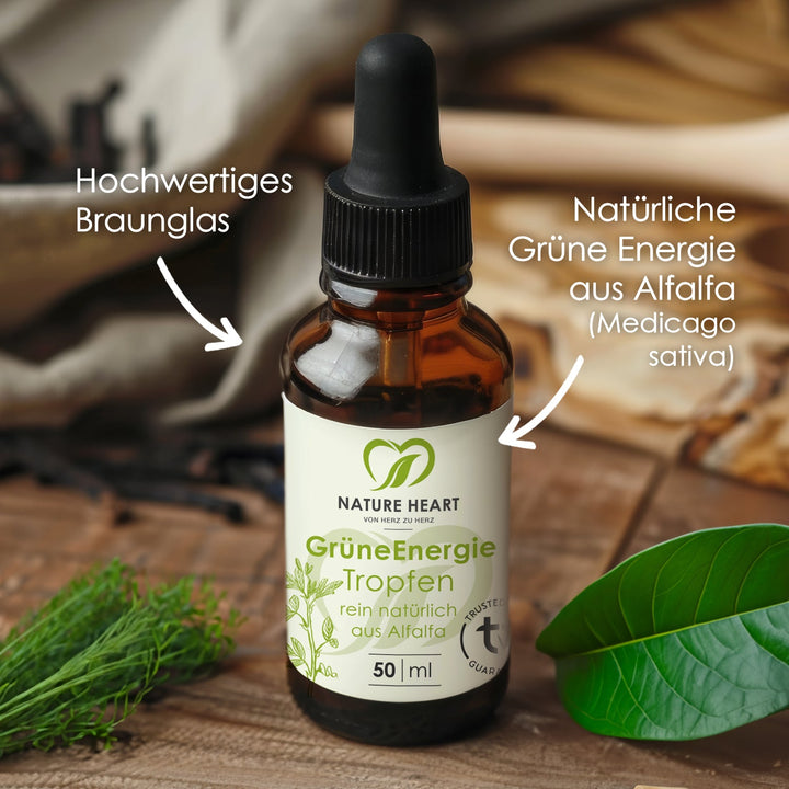 Grüne Energie Chlorophyll Tropfen auf Holz mit Hinweisen auf hochwertiges Braunglas und natürliche grüne Energie aus Alfalfa (Medicago sativa)