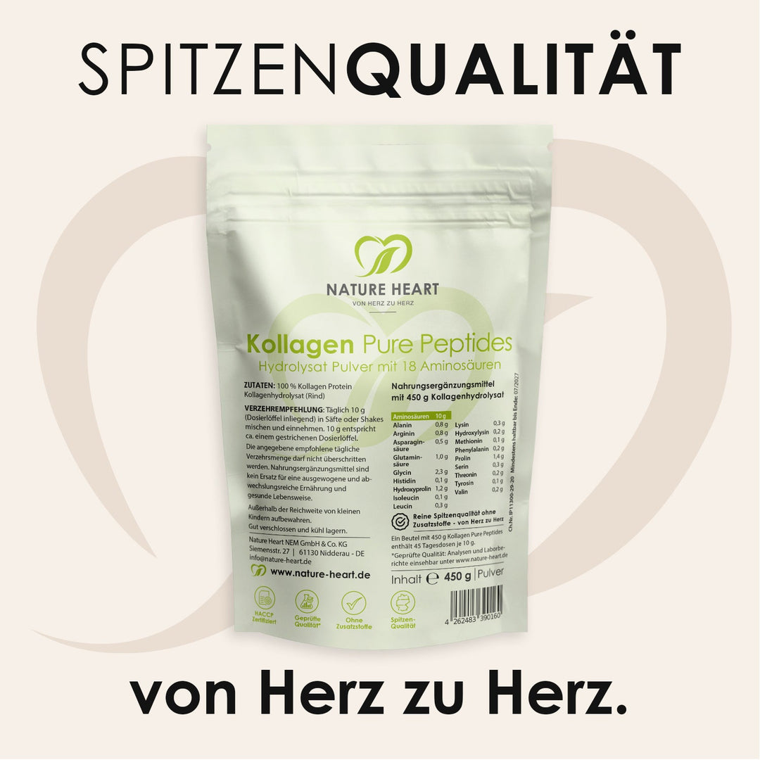 Kollagen Pure Peptides Beutel 450 g Rückseite mit Aminosäurenprofil und Verzehrempfehlung unter der Headline Spitzenqualität