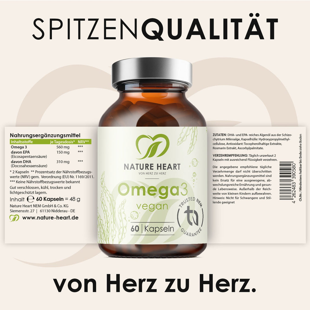 Omega 3 vegan mit 60 Kapseln und ausgeklapptem Etikett mit Inhaltsstoffen und Verzehrempfehlung unter der Headline Spitzenqualität
