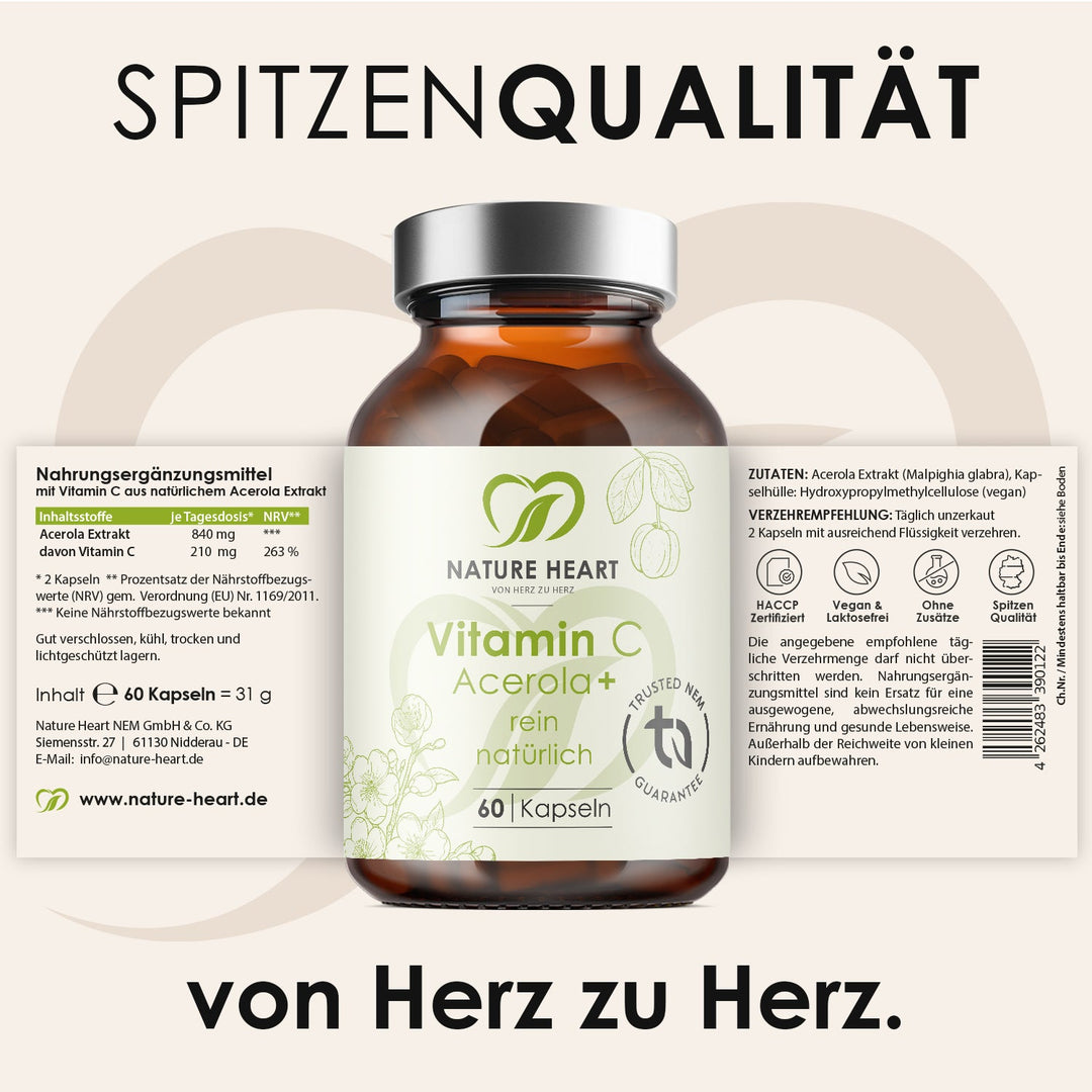 Vitamin C Acerola+ mit 60 Kapseln und ausgeklapptem Etikett mit Inhaltsstoffen und Verzehrempfehlung unter der Headline Spitzenqualität
