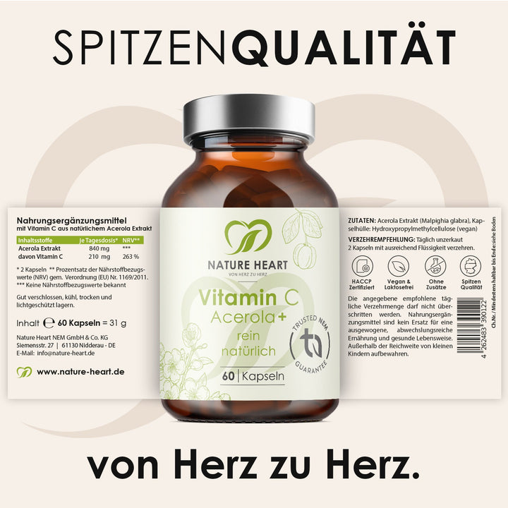 Vitamin C Acerola+ mit 60 Kapseln und ausgeklapptem Etikett mit Inhaltsstoffen und Verzehrempfehlung unter der Headline Spitzenqualität