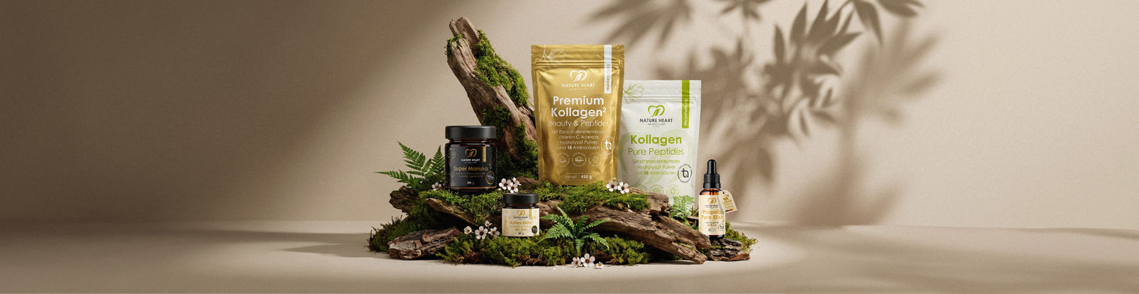 Nature Heart Produktauswahl auf Moos, Treibholz und Farn arrangiert: Premium Kollagen² Beauty & Peptides, Kollagen Pure Peptides, Super Manuka, Rohes Gold und Propolis Pure Elixir.