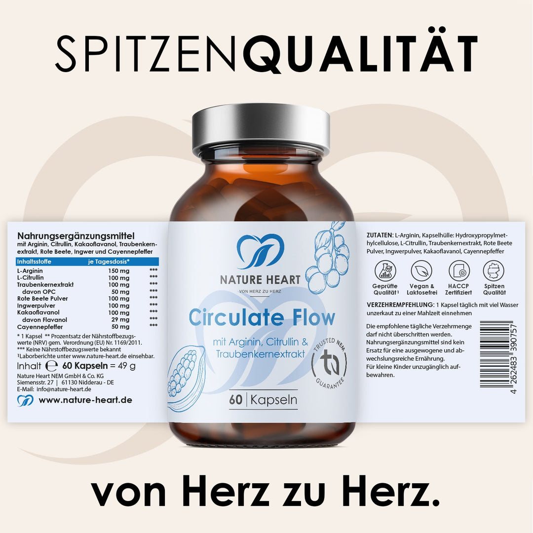 Circulate Flow mit Arginin, Citrullin und Traubenkernextrakt, 60 Kapseln mit ausgeklapptem Etikett unter der Headline Spitzenqualität