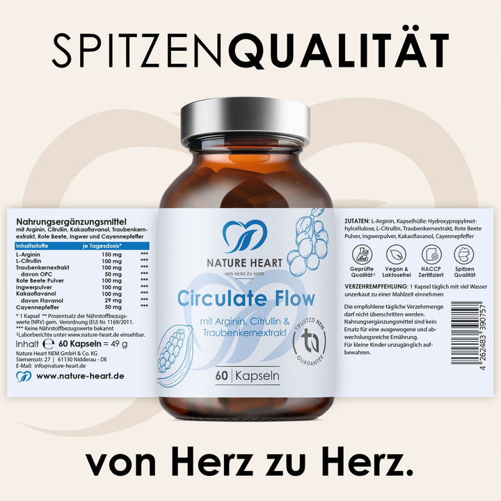 Circulate Flow mit Arginin, Citrullin und Traubenkernextrakt, 60 Kapseln mit ausgeklapptem Etikett unter der Headline Spitzenqualität