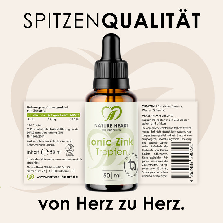 Ionic Zink Tropfen 50 ml mit ausgeklapptem Etikett mit Inhaltsstoffen und Verzehrempfehlung unter der Headline Spitzenqualität