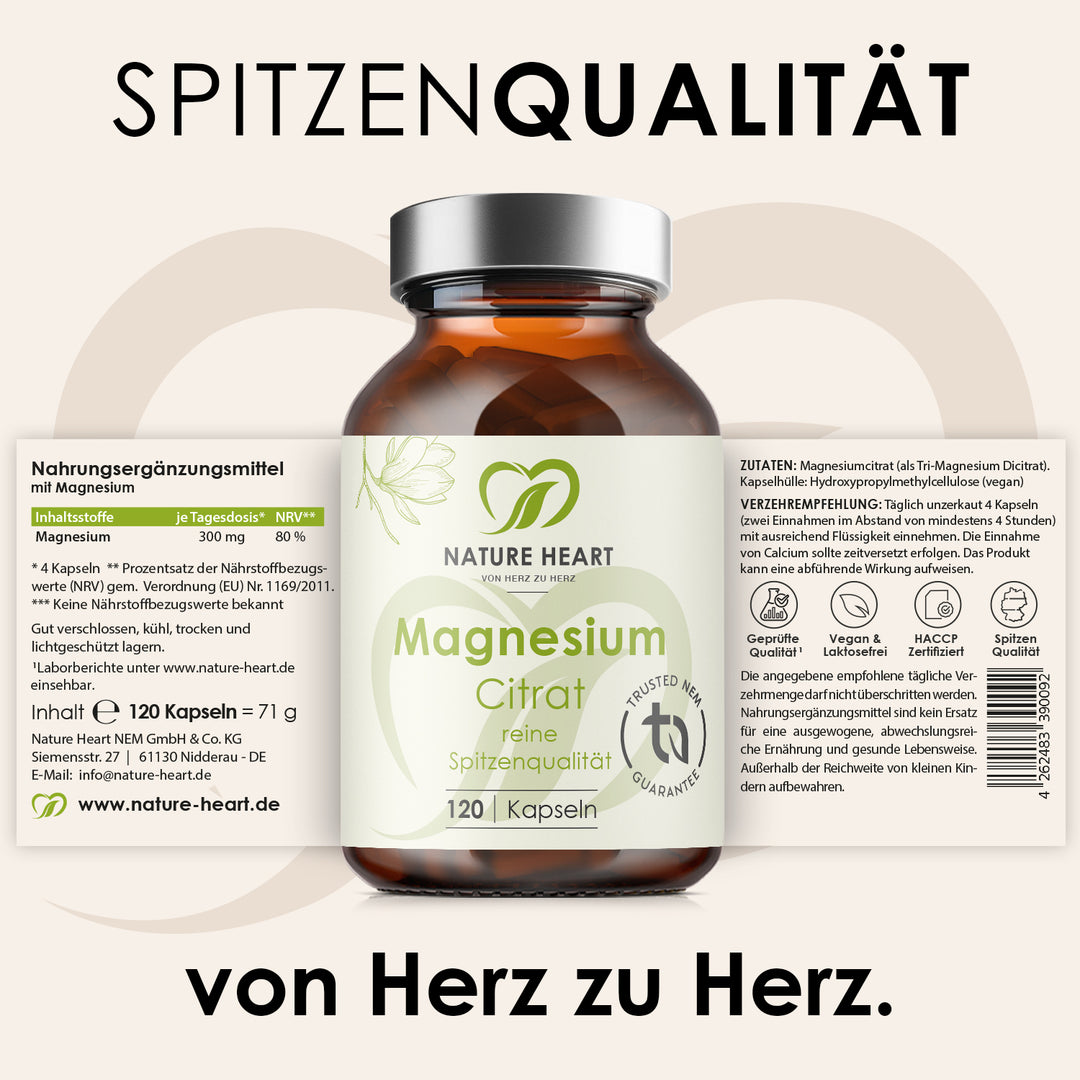 Magnesium Citrat mit 120 Kapseln und ausgeklapptem Etikett mit Inhaltsstoffen und Verzehrempfehlung unter der Headline Spitzenqualität