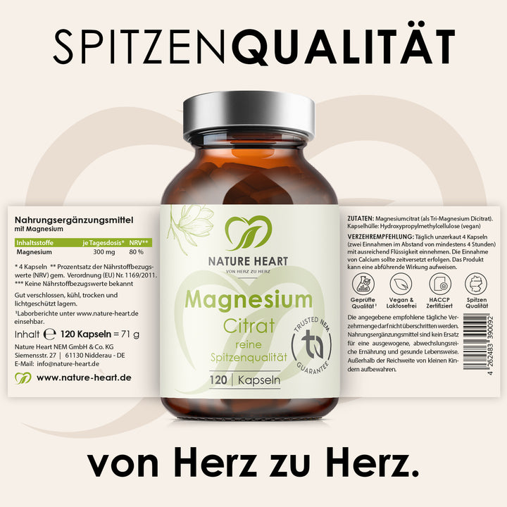 Magnesium Citrat mit 120 Kapseln und ausgeklapptem Etikett mit Inhaltsstoffen und Verzehrempfehlung unter der Headline Spitzenqualität