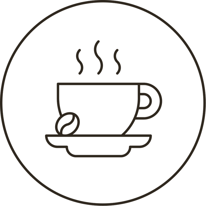 Icon: dampfende Kaffeetasse mit Kaffeebohne auf der Untertasse