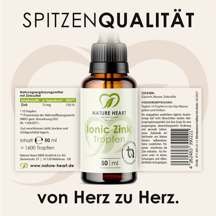 Ionic Zink Tropfen 50 ml mit ausgeklapptem Etikett mit Inhaltsstoffen und Verzehrempfehlung unter der Headline Spitzenqualität