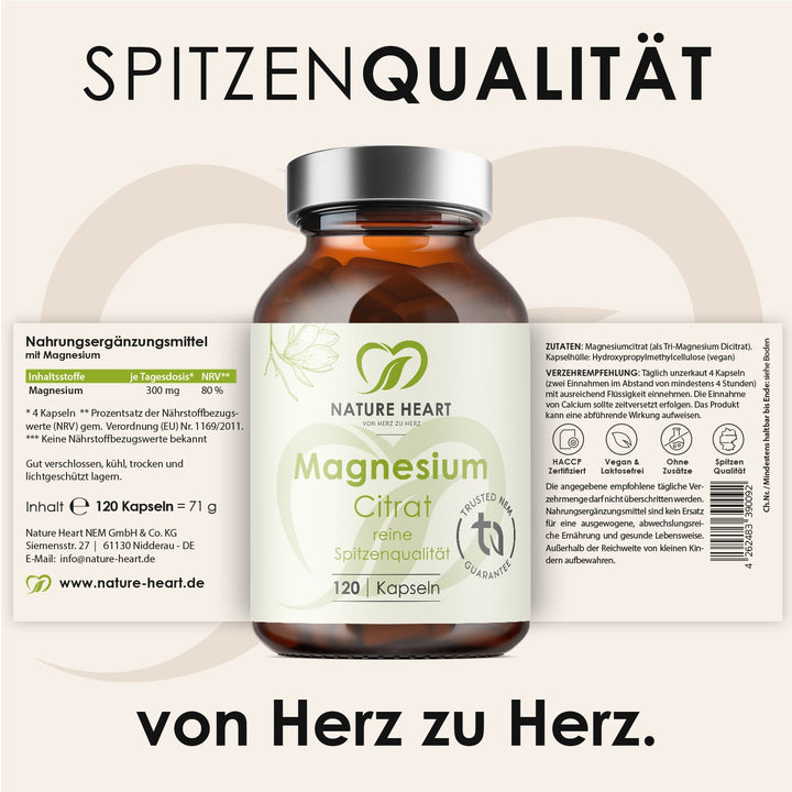 Magnesium Citrat mit 120 Kapseln und ausgeklapptem Etikett mit Inhaltsstoffen und Verzehrempfehlung unter der Headline Spitzenqualität