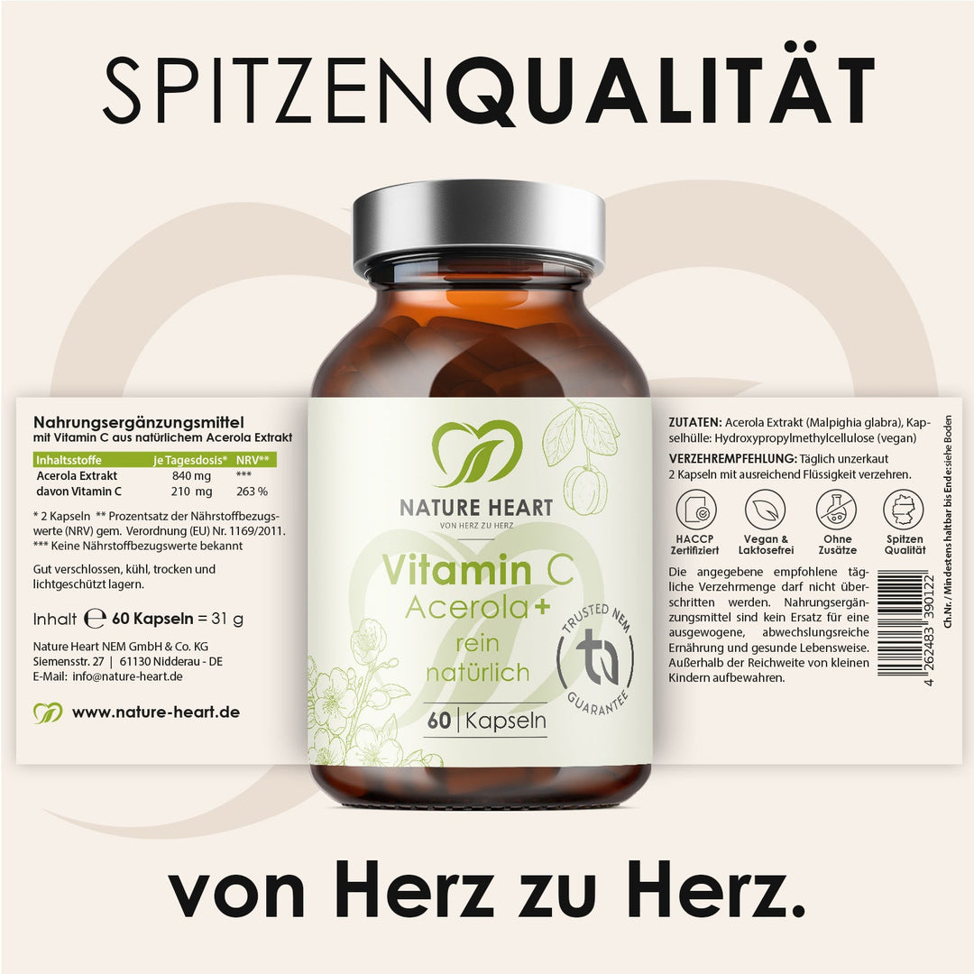 Vitamin C Acerola+ mit 60 Kapseln und ausgeklapptem Etikett mit Inhaltsstoffen und Verzehrempfehlung unter der Headline Spitzenqualität