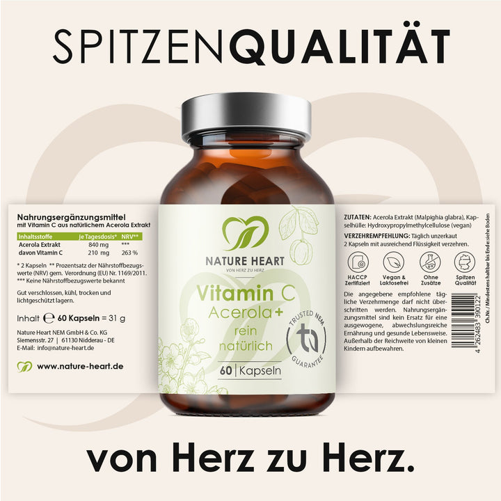 Vitamin C Acerola+ mit 60 Kapseln und ausgeklapptem Etikett mit Inhaltsstoffen und Verzehrempfehlung unter der Headline Spitzenqualität