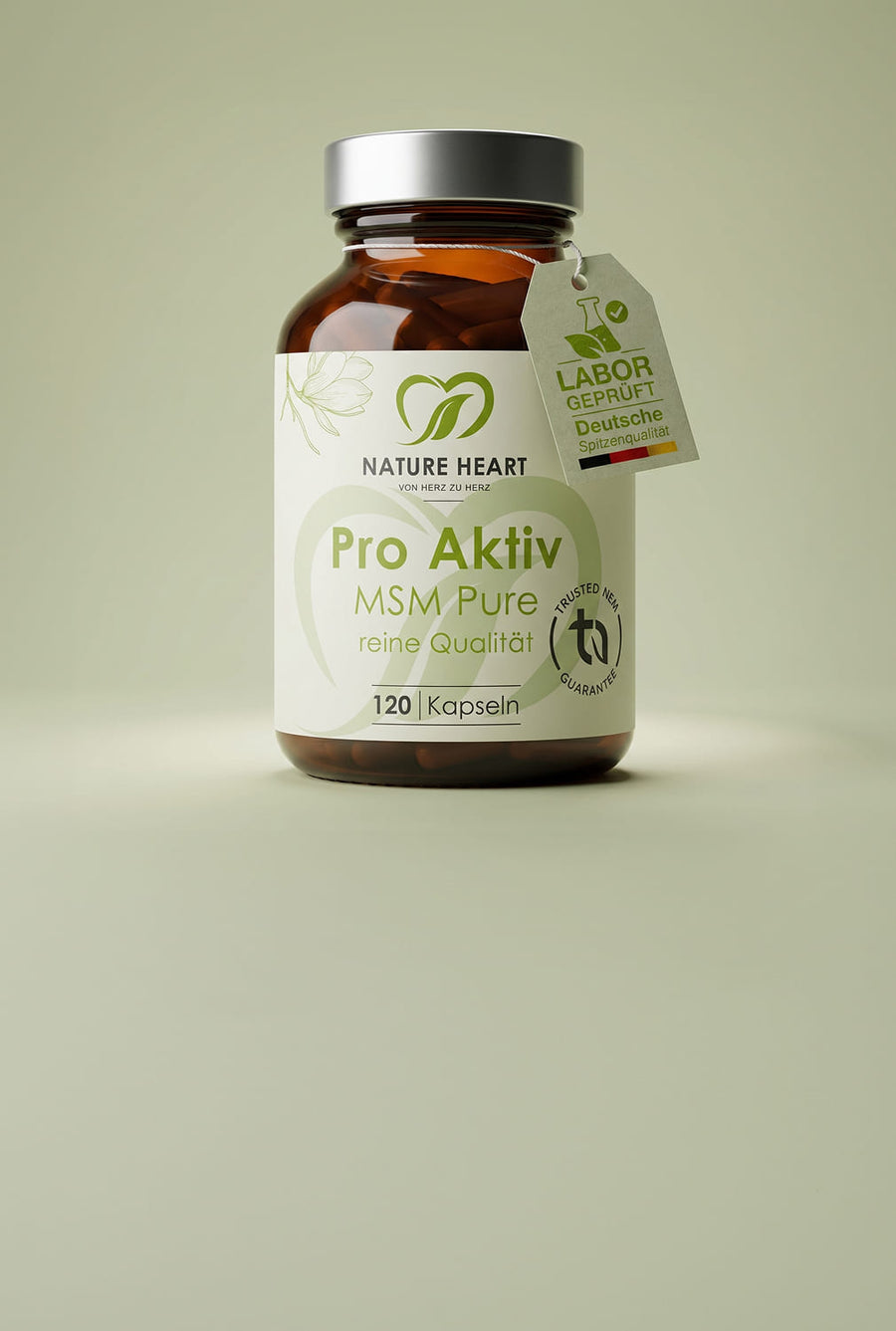 Glasbehälter mit Nature Heart Pro Aktiv MSM Pure „reine Qualität“, 120 Kapseln, auf hellgrünem Hintergrund mit sichtbarem Labor-geprüft-Tag „Deutsche Spitzenqualität“.