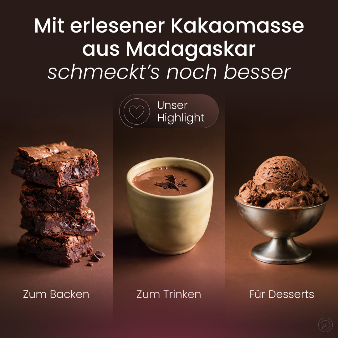 Kakaomasse aus Madagaskar vielseitig verwenden: Brownies zum Backen, Trinkkakao in der Tasse und Schokoladeneis für Desserts