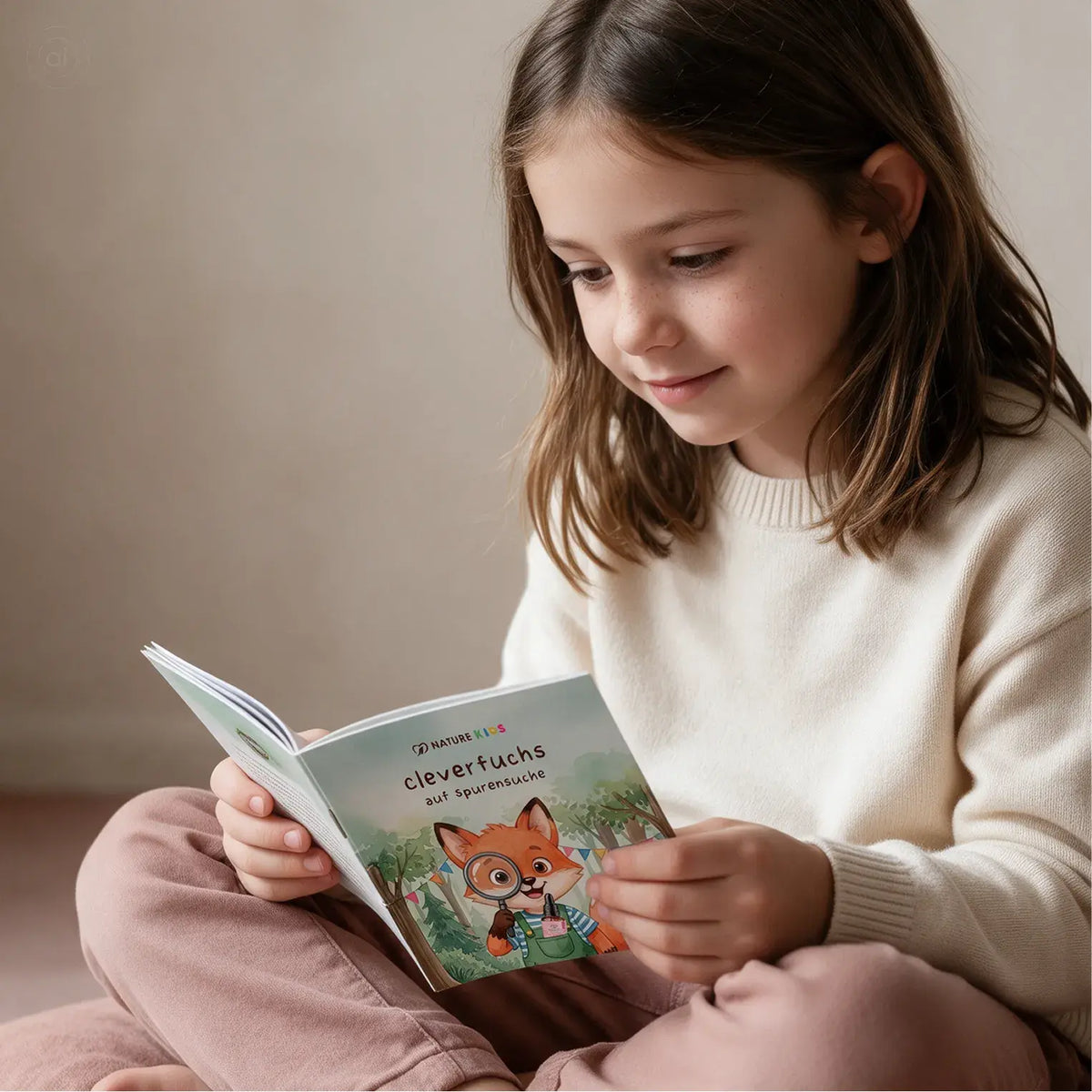 Mädchen im cremefarbenen Pullover liest das Nature Kids Kinderbuch „Cleverfuchs auf Spurensuche“