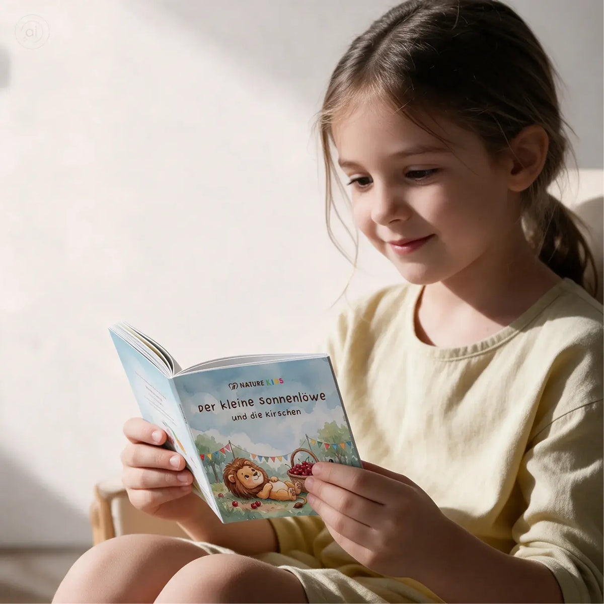 Mädchen im hellgelben Shirt liest das Nature Kids Kinderbuch „Der kleine Sonnenlöwe und die Kirschen“ im Sonnenlicht