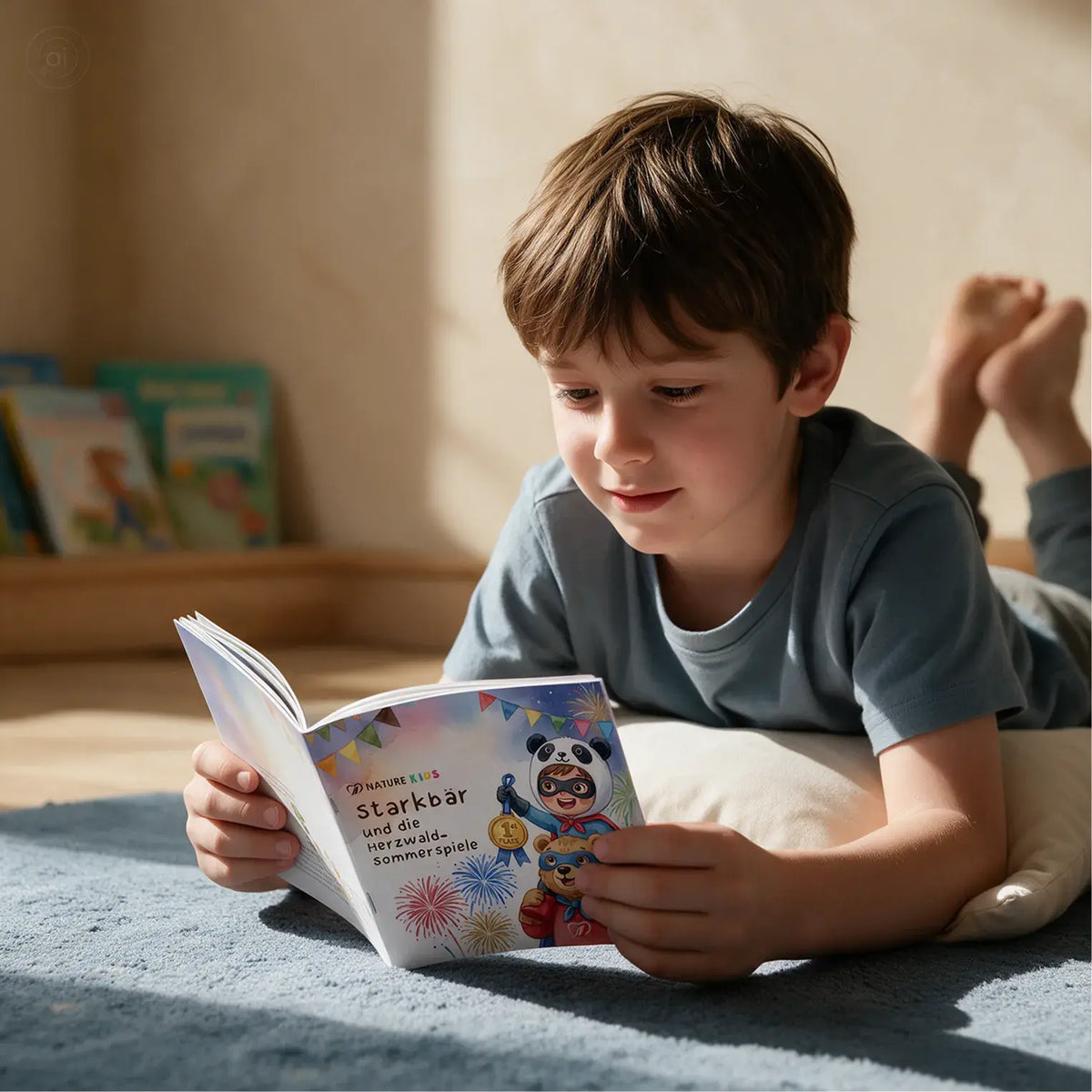 Junge liegt auf einem Teppich und liest das Nature Kids Kinderbuch „Starkbär und die Herzwald-Sommerspiele“