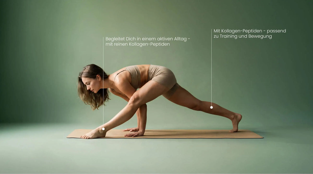 Frau in beiger Sportkleidung dehnt sich im Ausfallschritt auf einer Yogamatte, mit Texthinweisen zu Kollagen-Peptiden