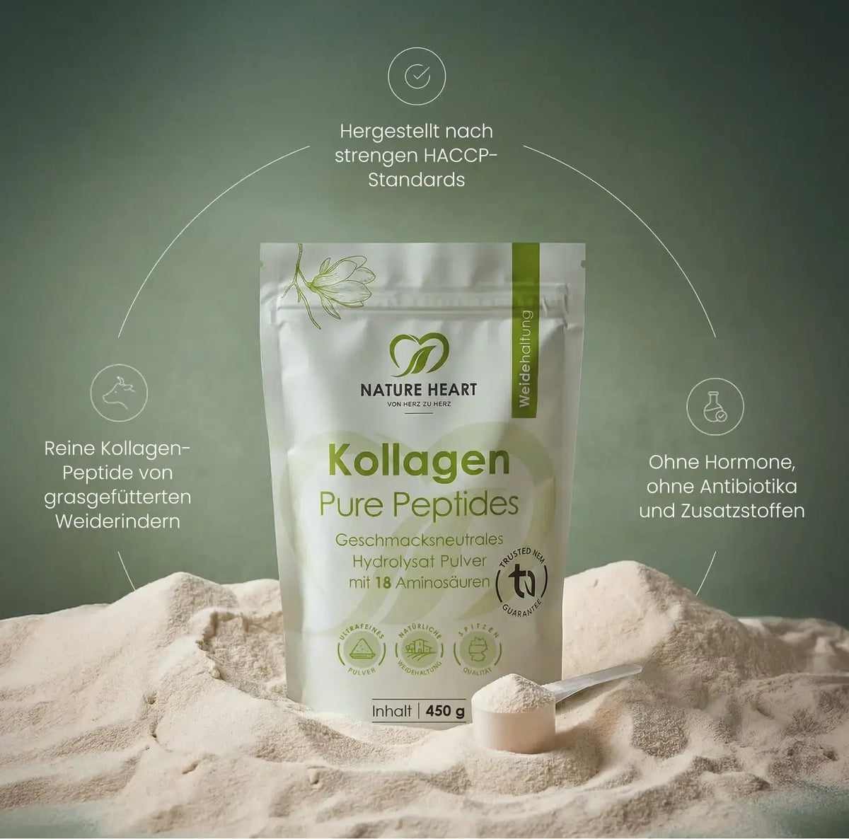 Kollagen Pure Peptides Beutel mit 450 g auf feinem Pulver: Kollagen-Peptide von grasgefütterten Weiderindern