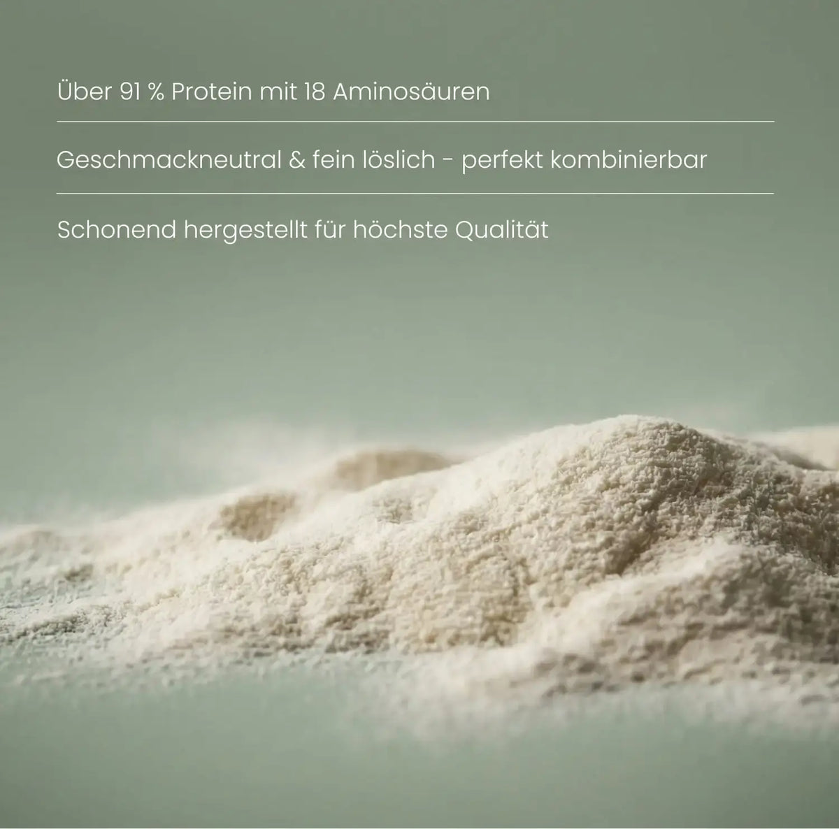 Feines Kollagen-Pulver in Nahaufnahme: über 91 % Protein mit 18 Aminosäuren, geschmacksneutral und fein löslich