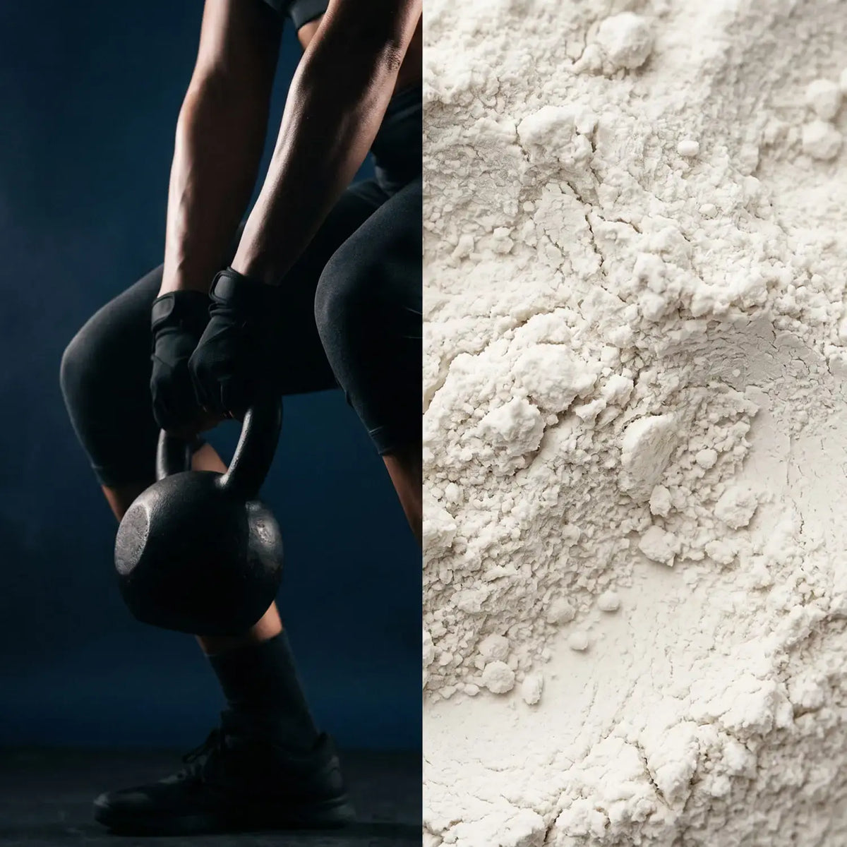 Athlet greift im Training nach einer Kettlebell, daneben eine Nahaufnahme von ultrafeinem weißem Kreatin-Pulver