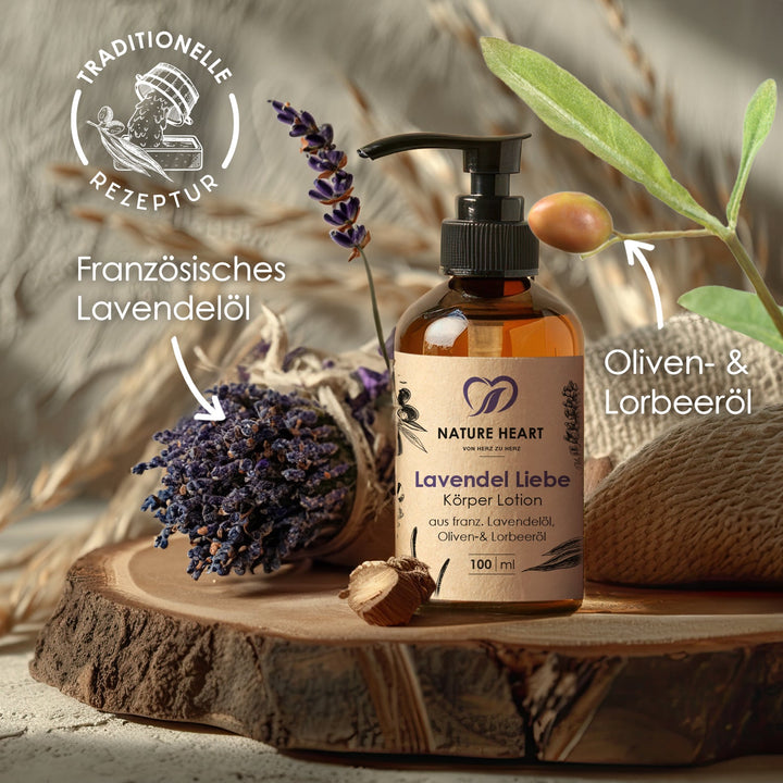 Lavendel Liebe Körper Lotion 100 ml im Pumpspender mit den Hinweisen französisches Lavendelöl, Oliven- und Lorbeeröl und traditionelle Rezeptur